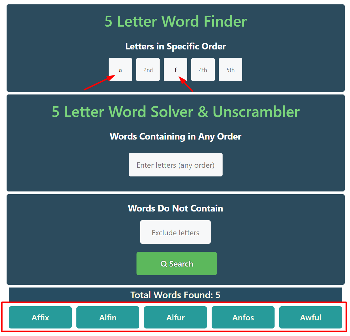 using first part of 5 letter word finder tool