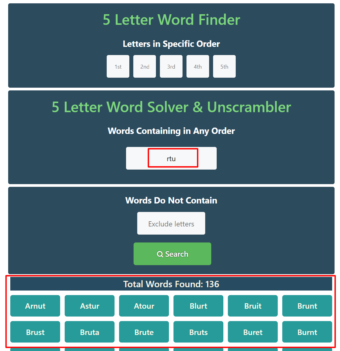 using second part of 5 letter word finder